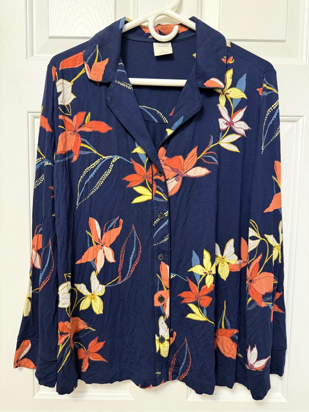 Soma Navy Floral Button-Front Pajama Top with Orange & Yellow Blooms